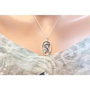Sterling Silver Agaric Mushroom Charm Oval Necklace, Agaric Mushroom Necklace